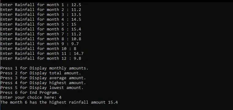 Write a c++ program that stores monthly rainfall amounts in an array.