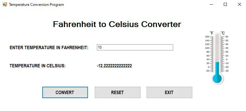 C# windows form application that converts the temperature from Fahrenheit to Celsius